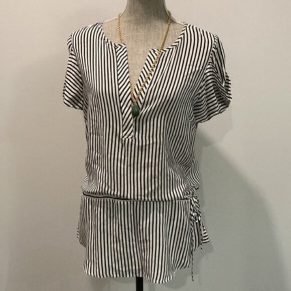 Bcbg White/Black Striped Silk Short Sleeve Blouse tunic - Picture 3 of 15